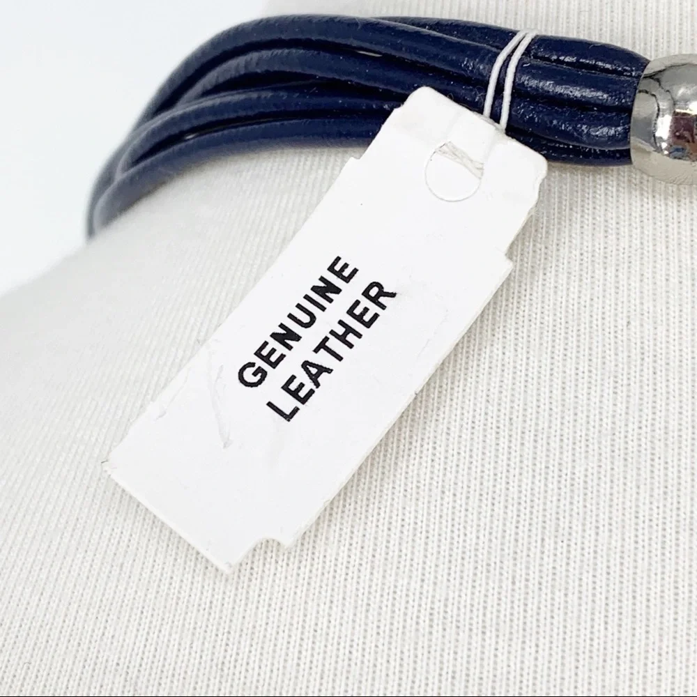VT Luxe Blue Leather Silver Chain Multi Strand Necklace Teal‎ Crystal Statement